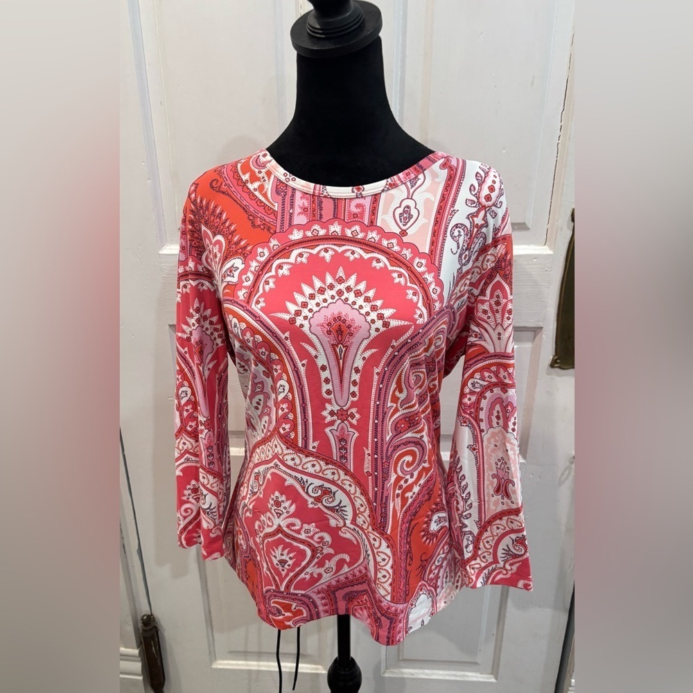 J McLaughlin Pink White Paisley 3/4 Sleeve Top Sz Xl NWOT Rn16859